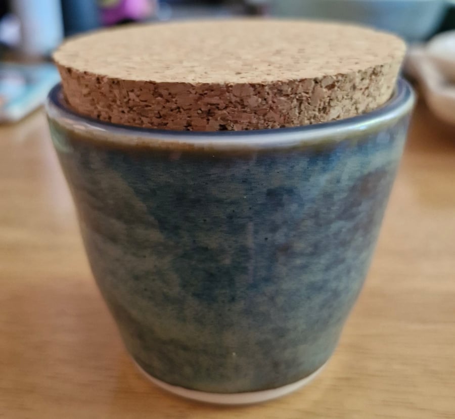 Handmade porcelain blue pot with cork lid