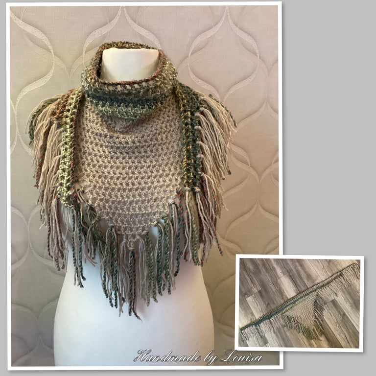Crocheted triangle scarf with tassels