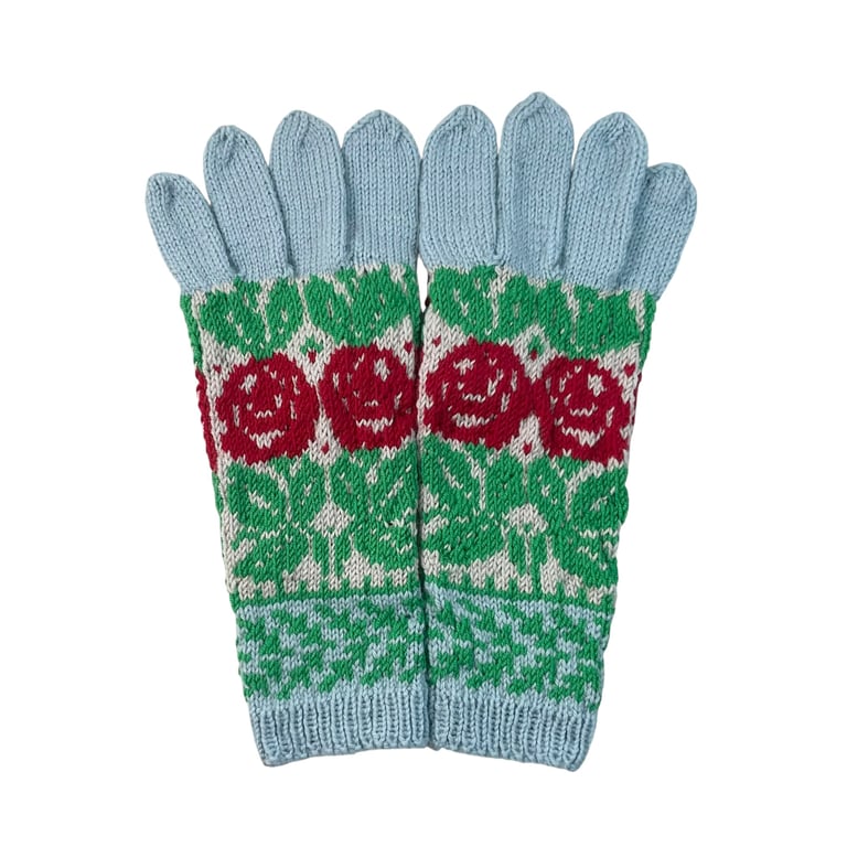  Gloves with floral rose pattern hand knitted in pure wool, ladies gift