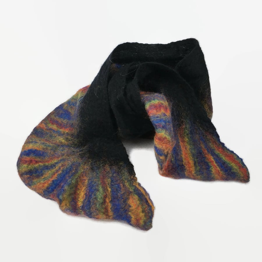 Seconds Sunday - Nuno felted narrow black scarf with ruffled rainbow border