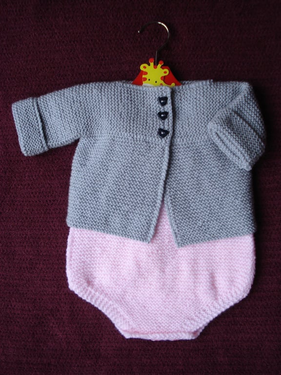 Hand Knitted Baby Romper and Jacket Set: Pink & Silver Grey 0-3 Months (R422)