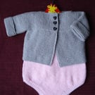 Hand Knitted Baby Romper and Jacket Set: Pink & Silver Grey 0-3 Months (R422)