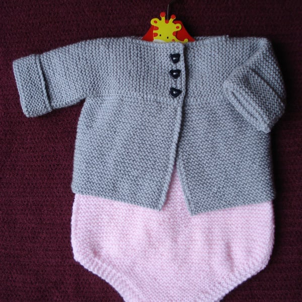 Hand Knitted Baby Romper and Jacket Set: Pink & Silver Grey 0-3 Months (R422)