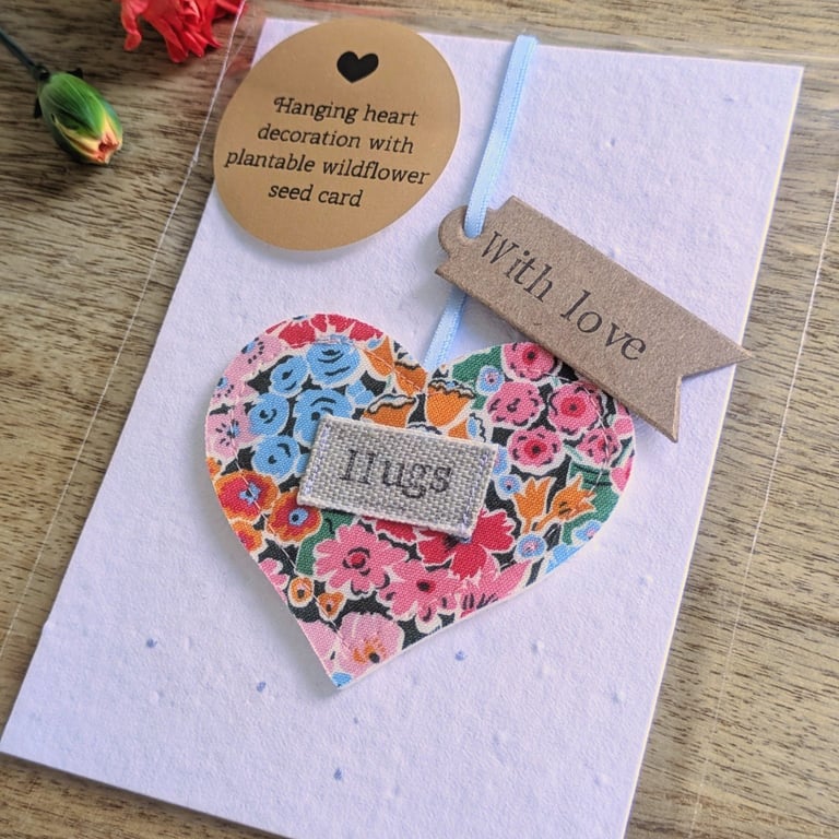'Hugs' Hanging Heart & Plantable Wildflower Seed Card - 'Thinking Of You' Gift