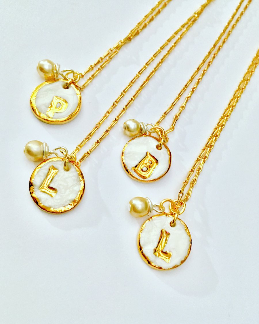 CUTE PORCELAIN AND REAL GOLD INITIAL PENDANTS
