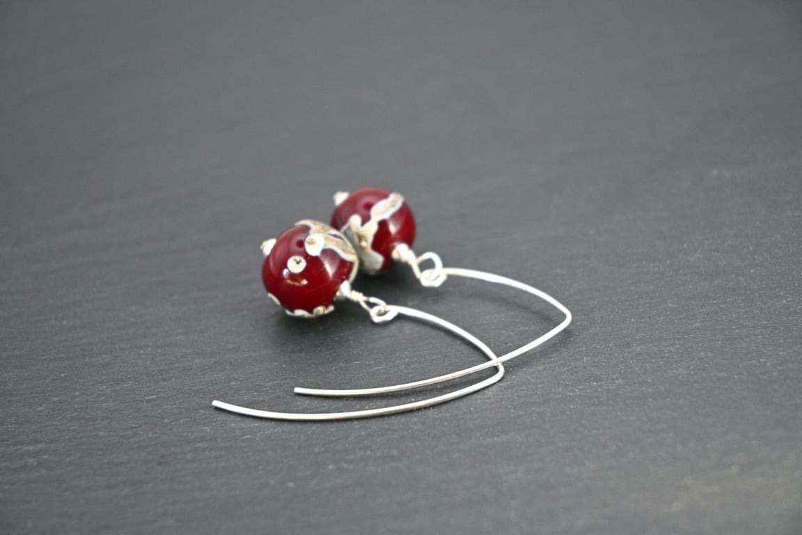 Lampwork glass deep red and ivory shard wrapped earrings