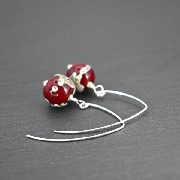 Lampwork glass deep red and ivory shard wrapped earrings