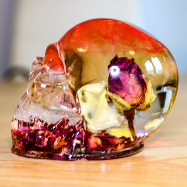 Blood Rose Resin Skull Ornament With Red Preserved Rose and Dried Rose Petals.