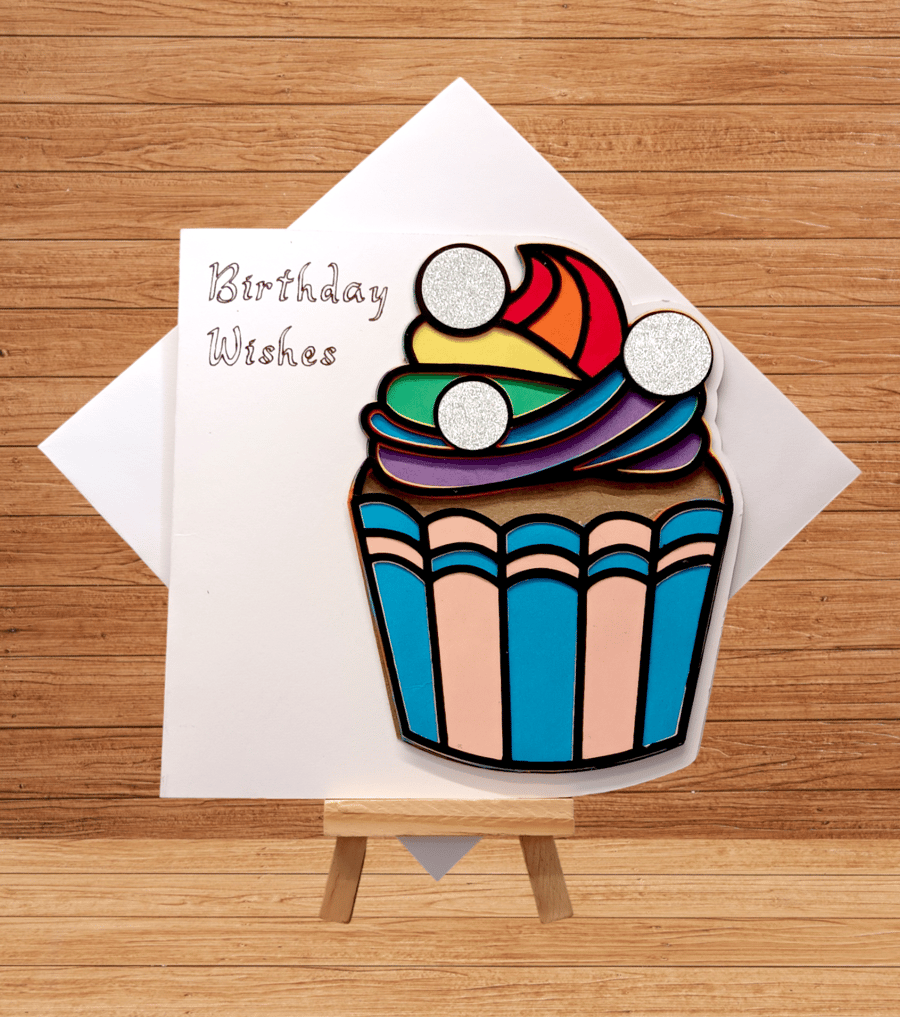 Charming layered Rainbow Cupcake birthday card