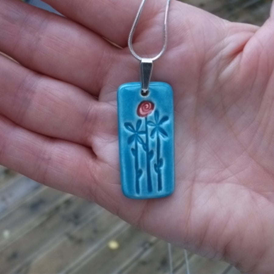 Rectangle Pendant Necklace with Impressed Flowers