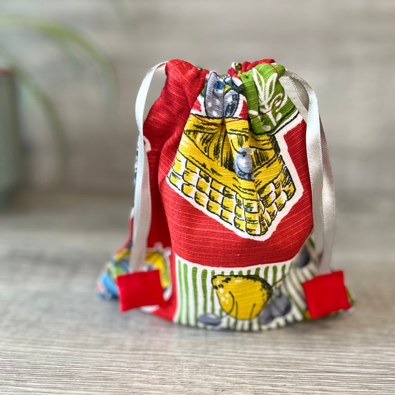 Red Drawstring Bag Vintage 1960s Kitchenalia Fabric 