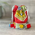 Red Drawstring Bag Vintage 1960s Kitchenalia Fabric 