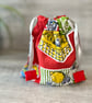 Red Drawstring Bag Vintage 1960s Kitchenalia Fabric 