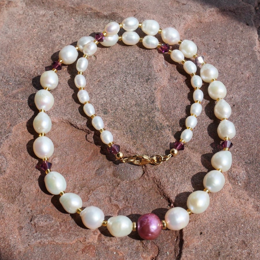 White Baroque and Rice Pearls with Purple Crystals - 14k Gold Filled Clasp