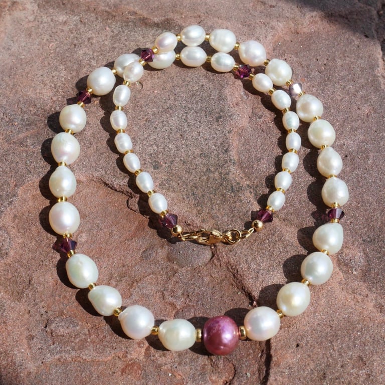 White Baroque and Rice Pearls with Purple Crystals - 14k Gold Filled Clasp