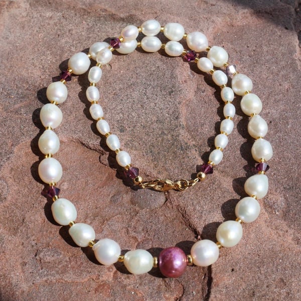 White Baroque and Rice Pearls with Purple Crystals - 14k Gold Filled Clasp