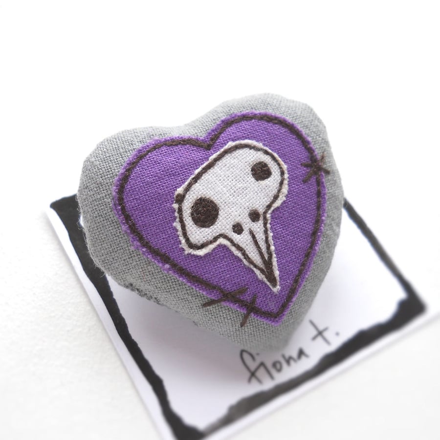 freehand embroidered chicken skull heart textile brooch purple