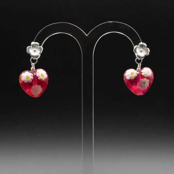 Murano millefiori pink floral sterling silver Venetian glass pink heart earrings
