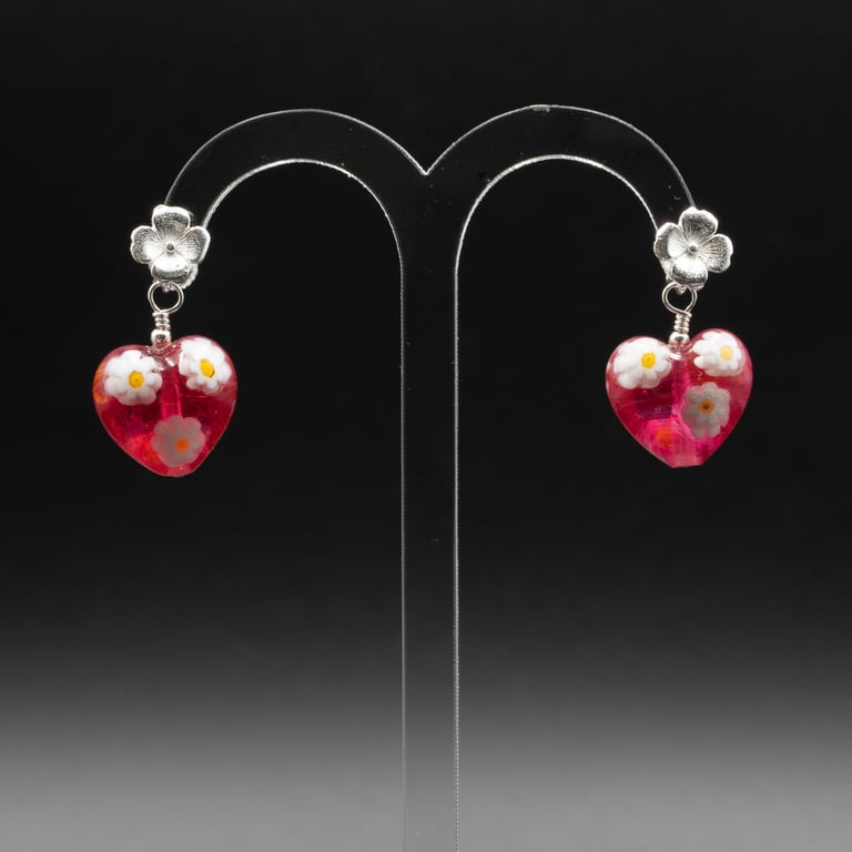 Murano millefiori pink floral sterling silver Venetian glass pink heart earrings