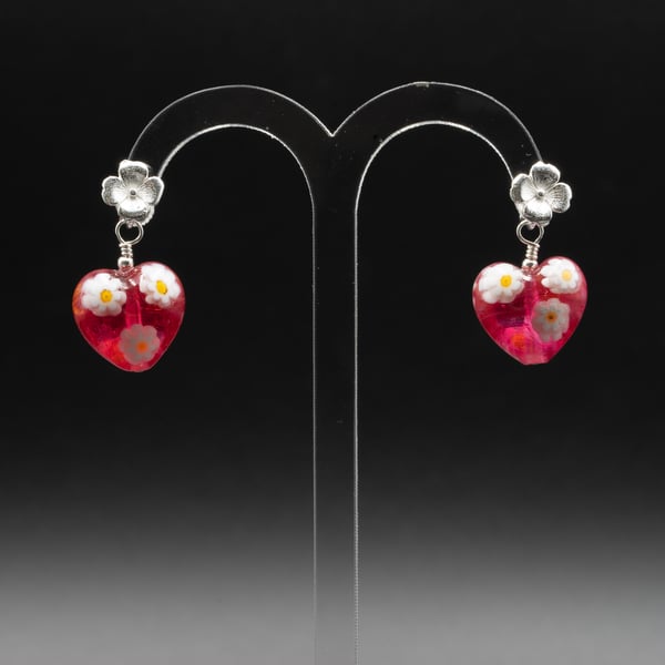 Murano millefiori pink floral sterling silver Venetian glass pink heart earrings