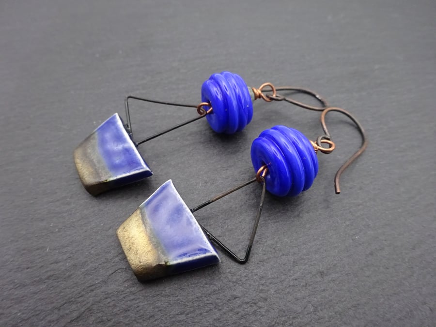 lampwork glass earrings, blue, copper and ceramic boat jewellery