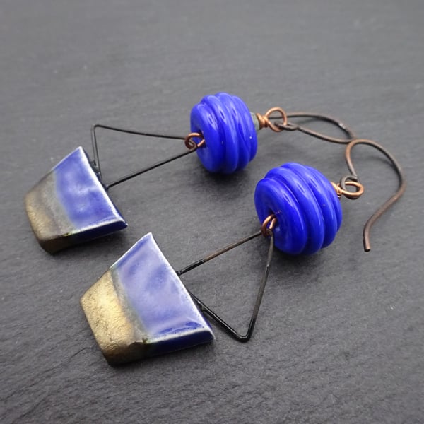 lampwork glass earrings, blue, copper and ceramic boat jewellery