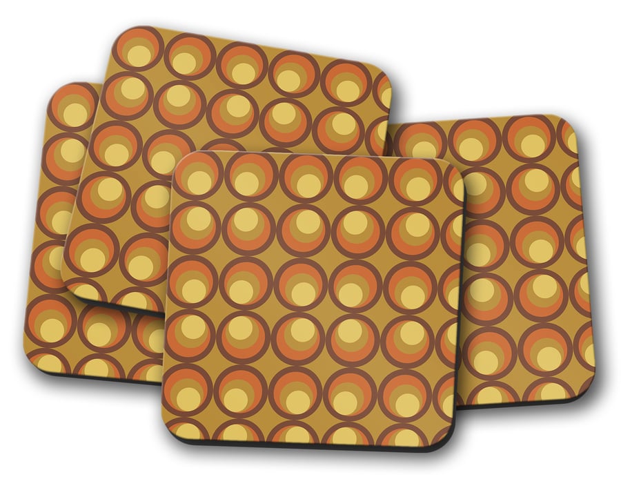 Set of 4 Coasters with a Brown and Yellow 70's Retro Design, Drinks Mat