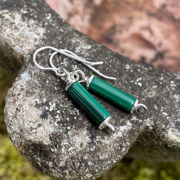 Scrolls malachite silver earrings