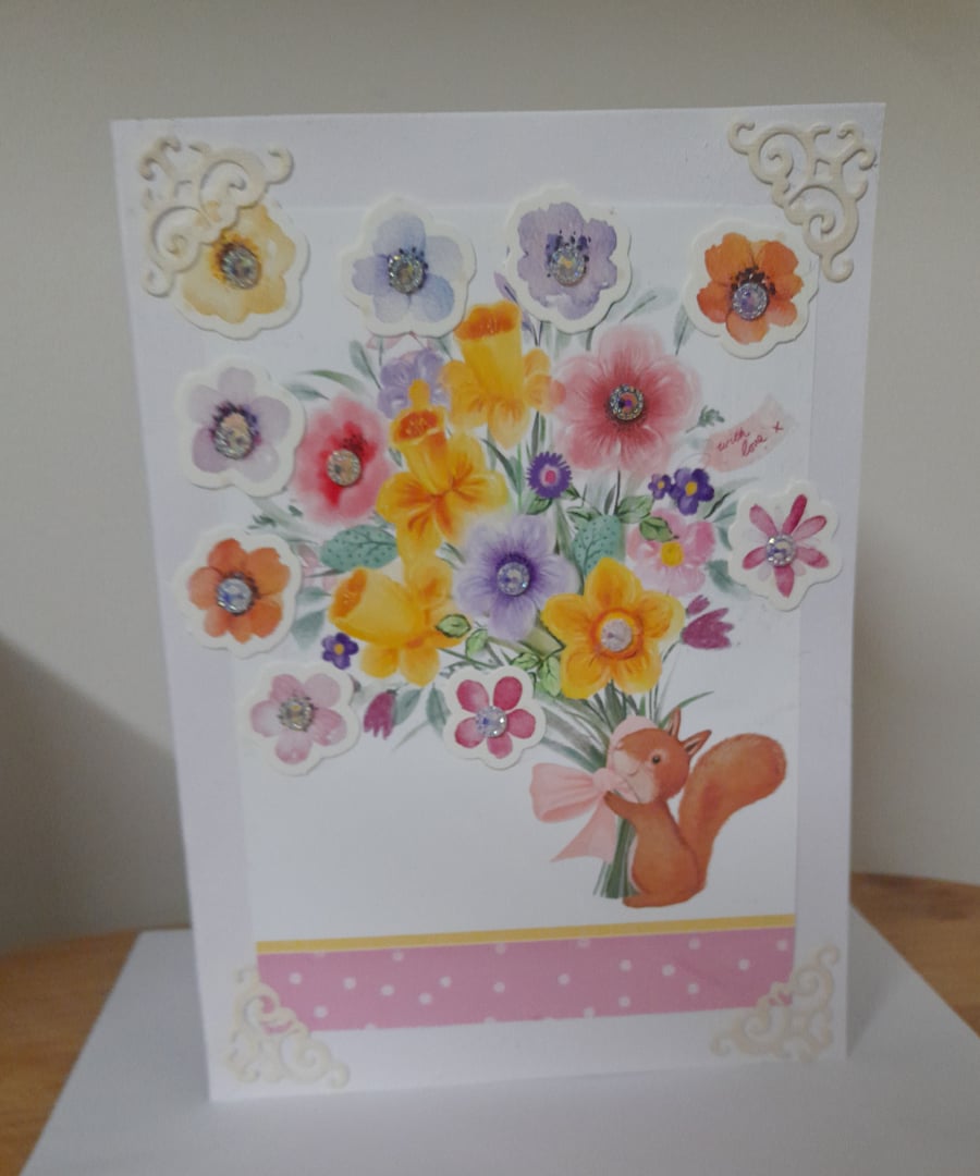  CUTE SQUIRREL AND FLORAL BOUQUET HANDMADE CARD.