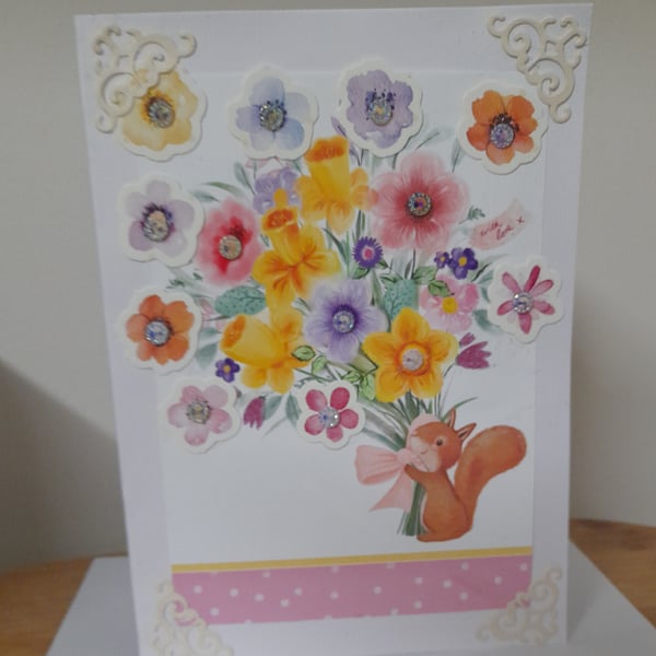  CUTE SQUIRREL AND FLORAL BOUQUET HANDMADE CARD.