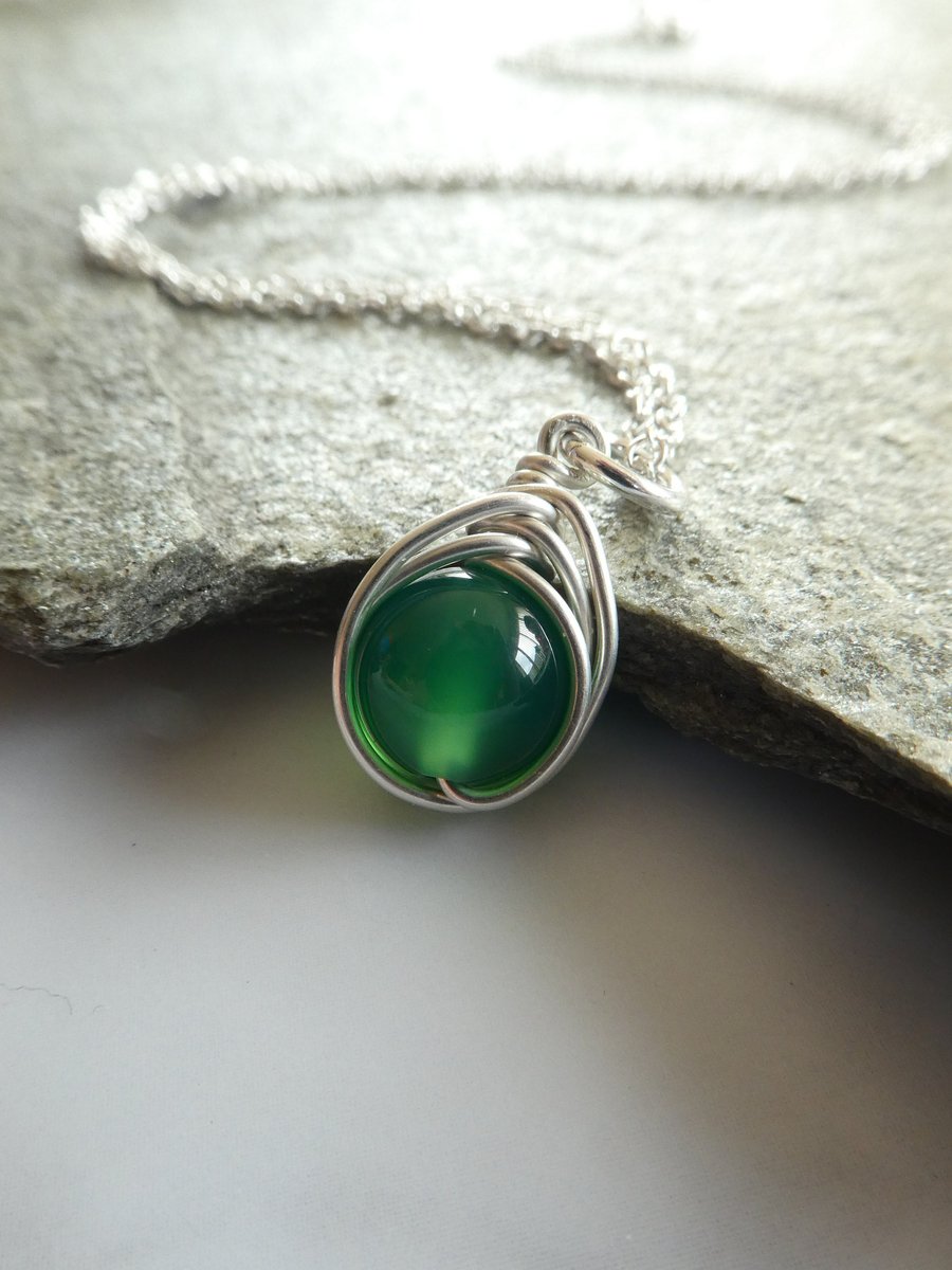 May birthstone necklace in emerald green, sterling silver green onyx necklace, 