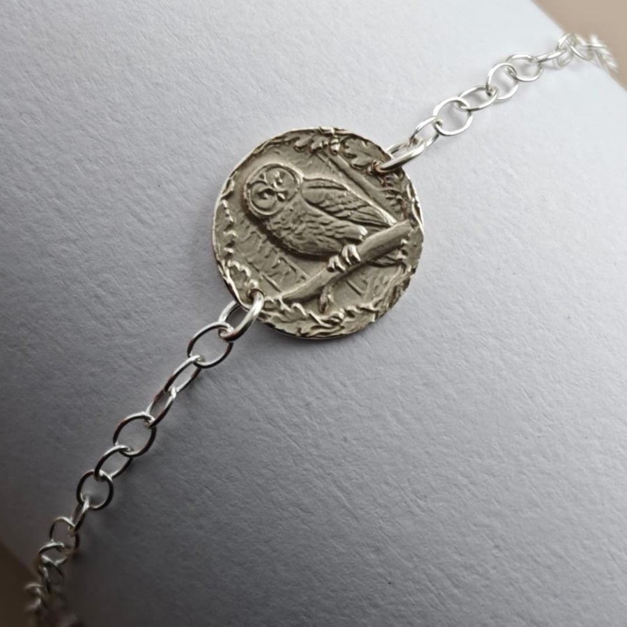 Image of Owl Engraved Sterling Silver Coin Bracelet