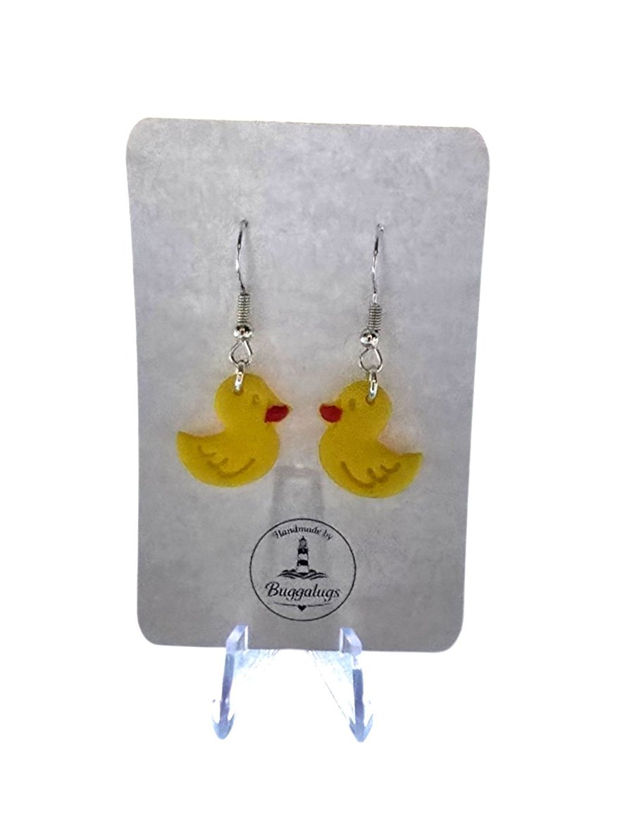 Polymer clay duck drop earrings on silver plated earhooks