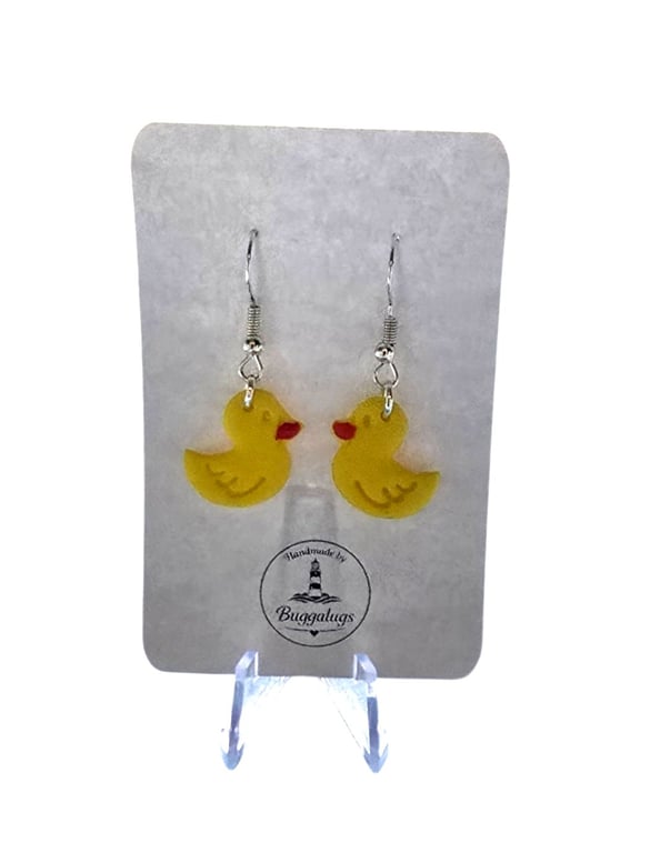 Polymer clay duck drop earrings on silver plated earhooks