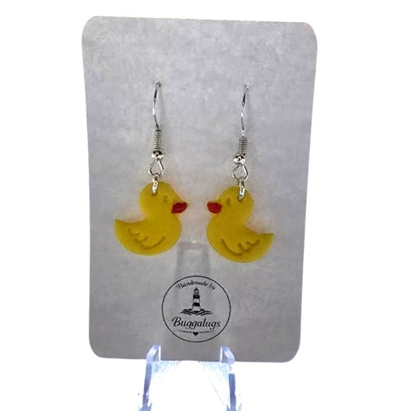 Polymer clay duck drop earrings on silver plated earhooks