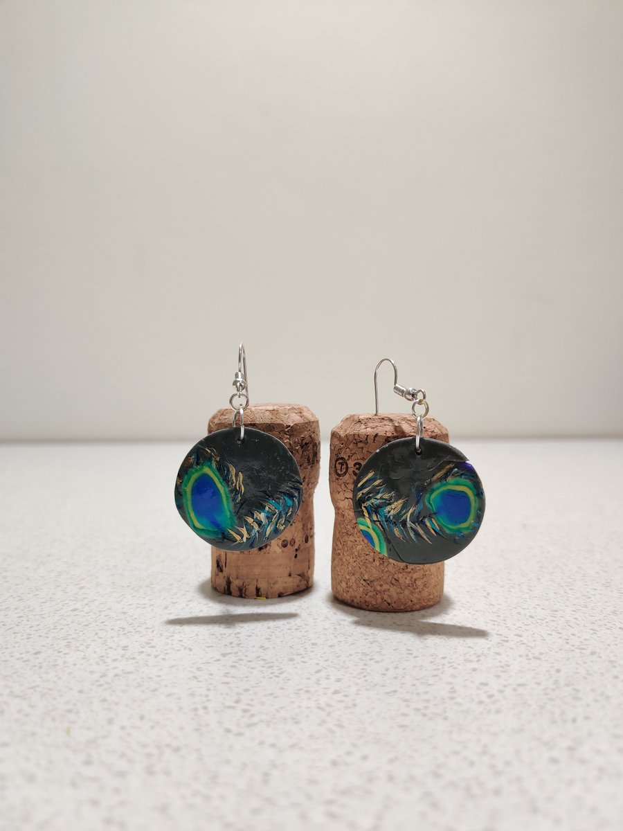 Peacock feathers polymer clay earrings