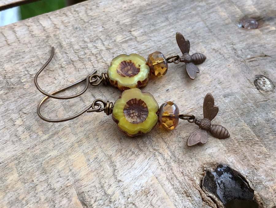 Brass Bumble Bee Earrings. Honey Yellow Flower Earrings. Bumblebee Earrings