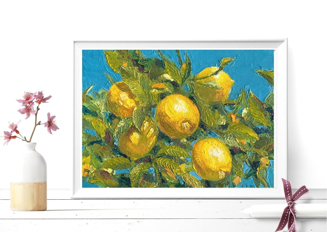 Lemon Tree Painting Original Oil Art Impasto Fruit Kitchen Wall Art Decor Lemon 
