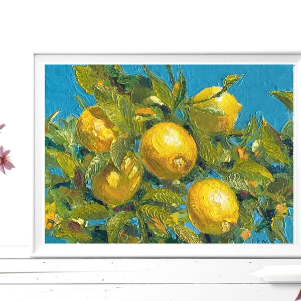 Lemon Tree Painting Original Oil Art Impasto Fruit Kitchen Wall Art Decor Lemon 