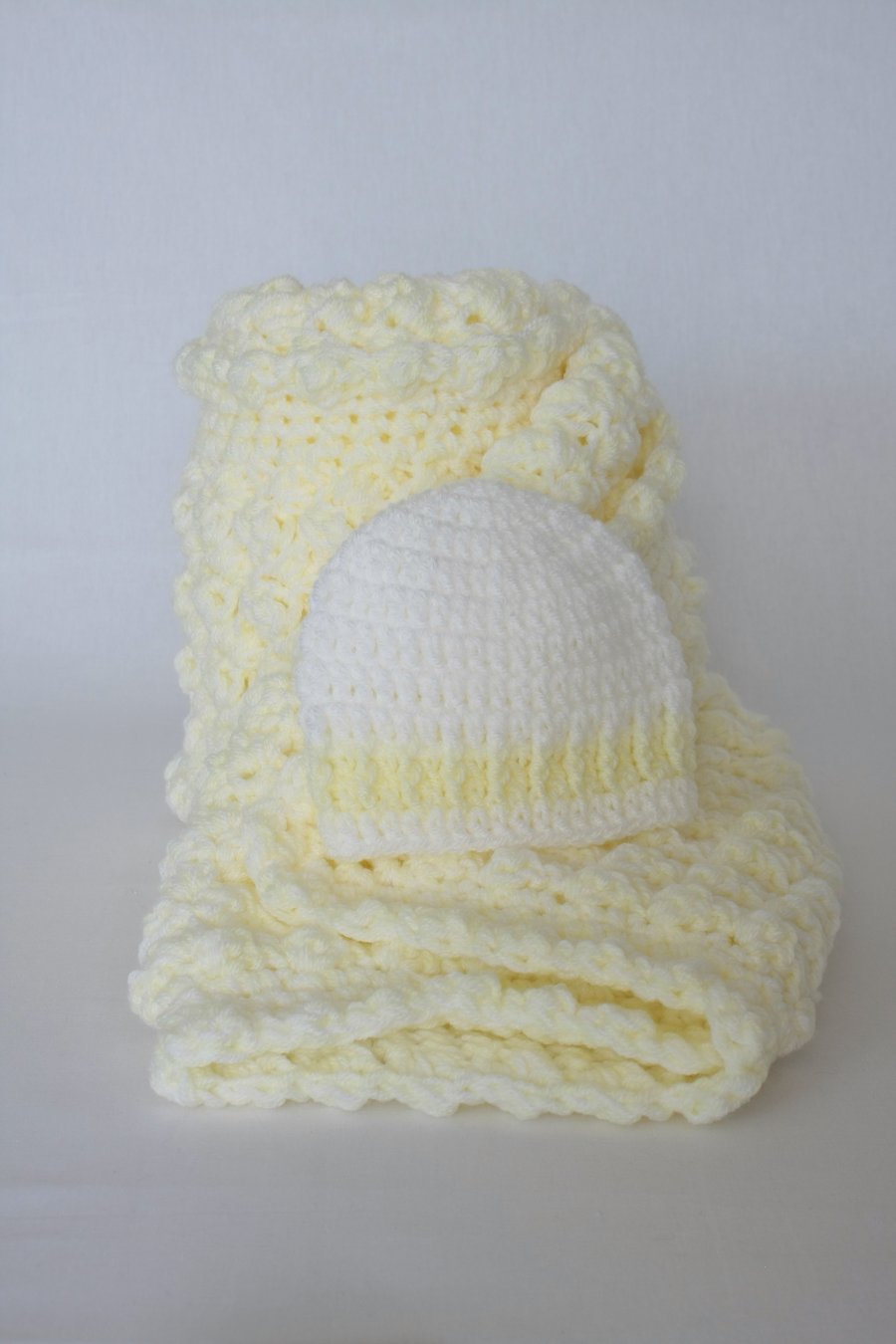 Yellow and White Crochet Baby Blanket and Hat