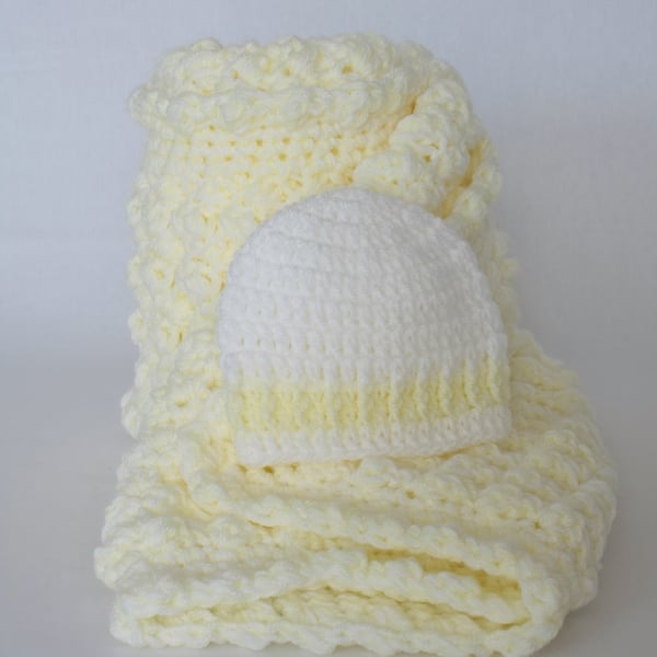 Yellow and White Crochet Baby Blanket and Hat