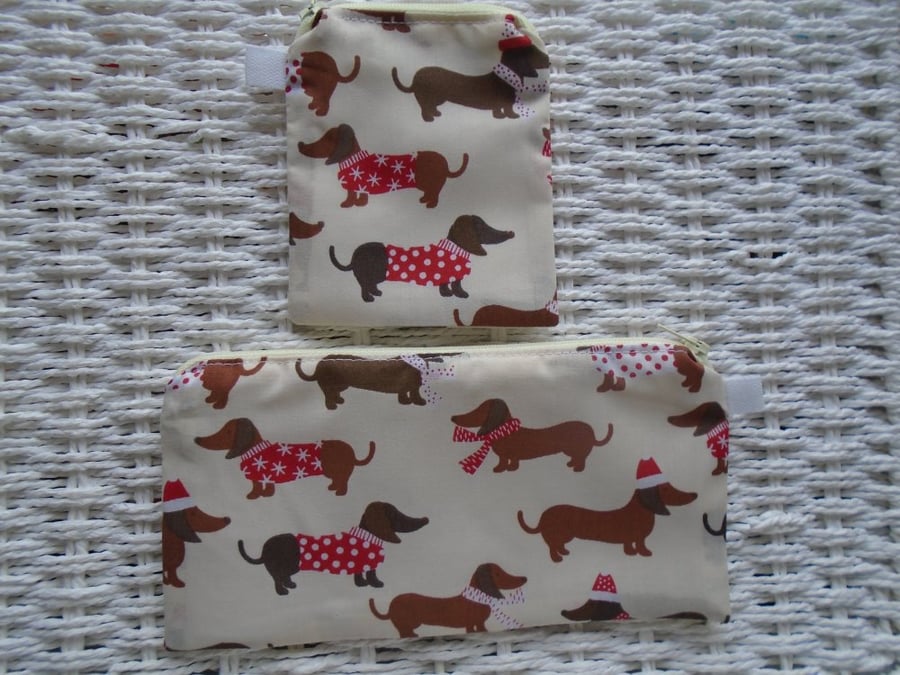 Sausage Dog Gift Set Purse, Card Holder & Small Make Up Bag or Pencil Case.