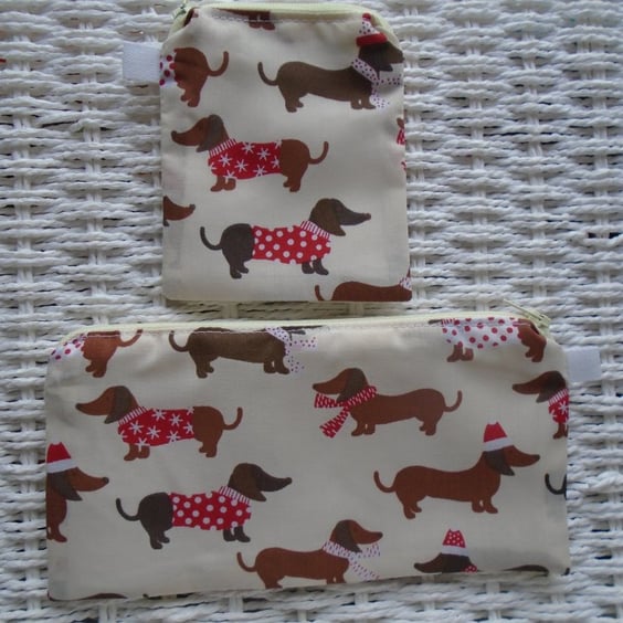 Sausage Dog Gift Set Purse, Card Holder & Small Make Up Bag or Pencil Case.