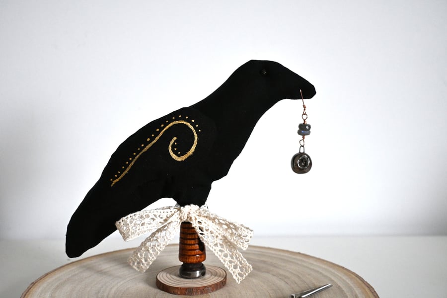Black collector crow with labradorite art doll keepsake