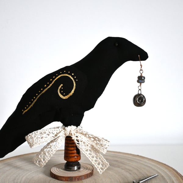 Black collector crow with labradorite art doll keepsake