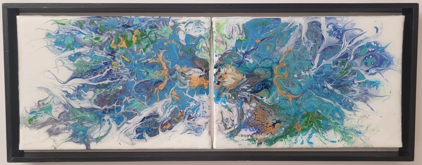 (1) Two Abstract Fluid Art pictures mounted as a Diptych in a made Frame