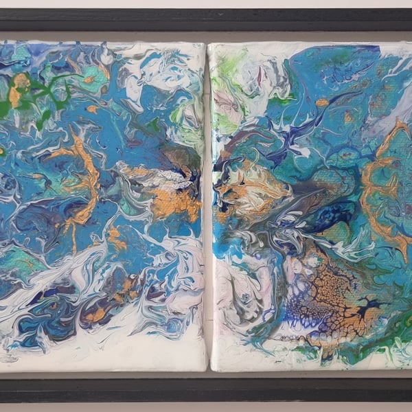 (1) Two Abstract Fluid Art pictures mounted as a Diptych in a made Frame