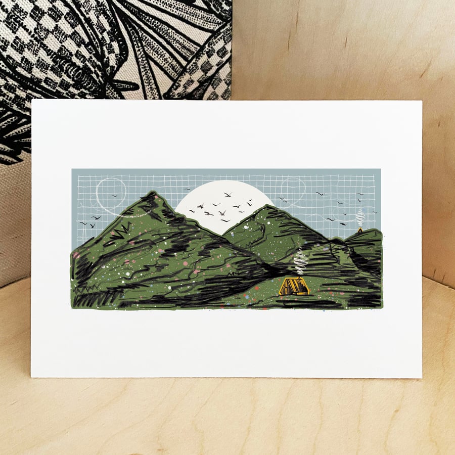 Neighbours Print - Log Cabin Print - Mountain Landscape Print - A3
