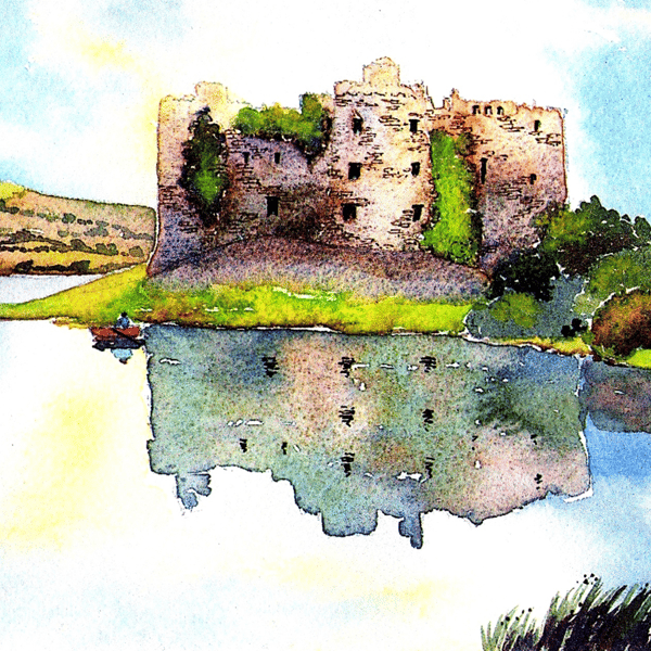 Carew Castle, Pembrokeshire, West Wales, Watercolour Print in 9 x 7 '' Mount