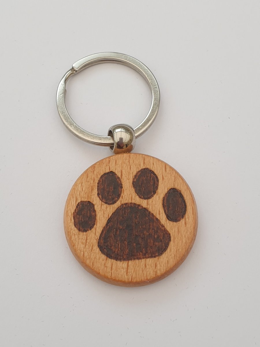Pawprint wooden keyring, pyrography dog lover gift